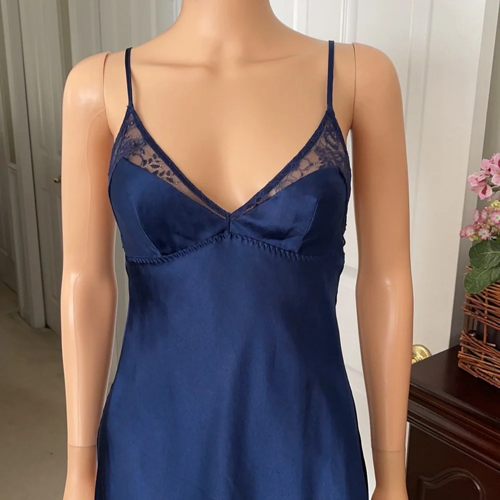Vintage Victoria Secret Blue Silky Slip Dress with Lace